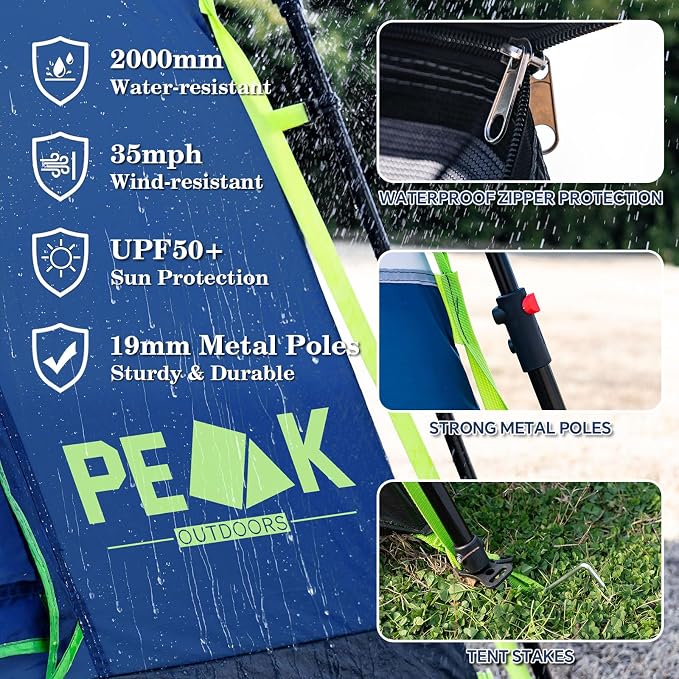 PEAK OUTDOORS Instant Tent 6/8 Person Tents for Camping, 60 Second Easy Setup Portable Camping Cabin Tent with Rainfly, Waterproof Pop Up Tents for Family Camping & Hiking with Expandable Carry Bag