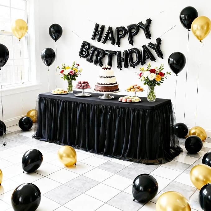 2-Pack Black 2-in-1 Tulle Tablecloth for 5-Foot Rectangular Table – Stretch Fitted Table Skirt & Cover for Baby Shower, Bridal, Birthday, Princess Party