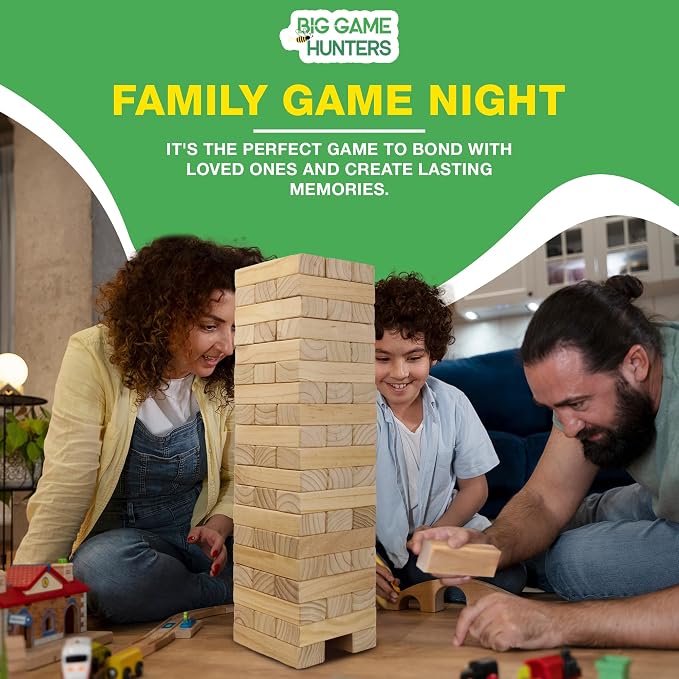 Garden Games Big Game Hunters Giant Tumble Towers, 58 Piece Wooden Block Game, 5 ft. Tall Stacking Backyard Indoor Outdoor Game for Kids Adults Family, Jumbo Splinter Resistant Blocks