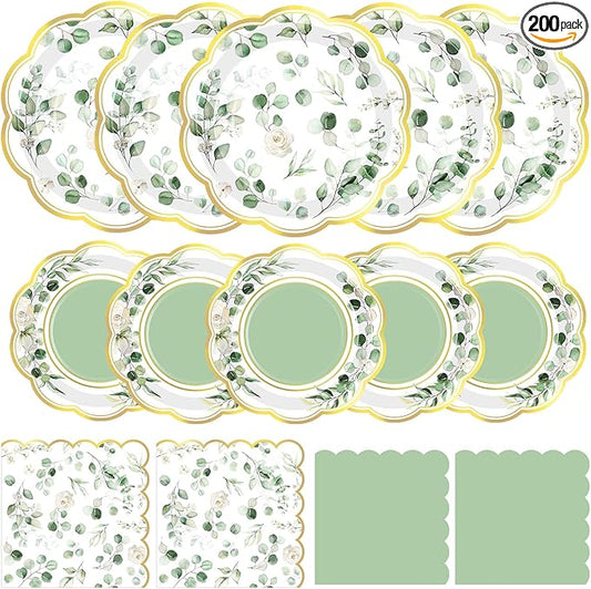 Funnymoom 200 Pcs Eucalyptus Party Supplies Kit Sage Green Disposable Paper Dinner Dessert Plates Luncheon Napkins and Beverage Napkins for Birthday Baby Shower Bridal Shower Wedding Party 50 Guests