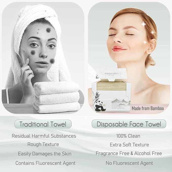 WOWOTEX Bamboo Rayon Disposable Face Towel Biodegradable Large Dry Face Wipes 120 Count / 2 Boxes Extra Thick Soft Clean Facial Towels for Sensitive Skin, Makeup Removing, Facial Cleansing, Nursing