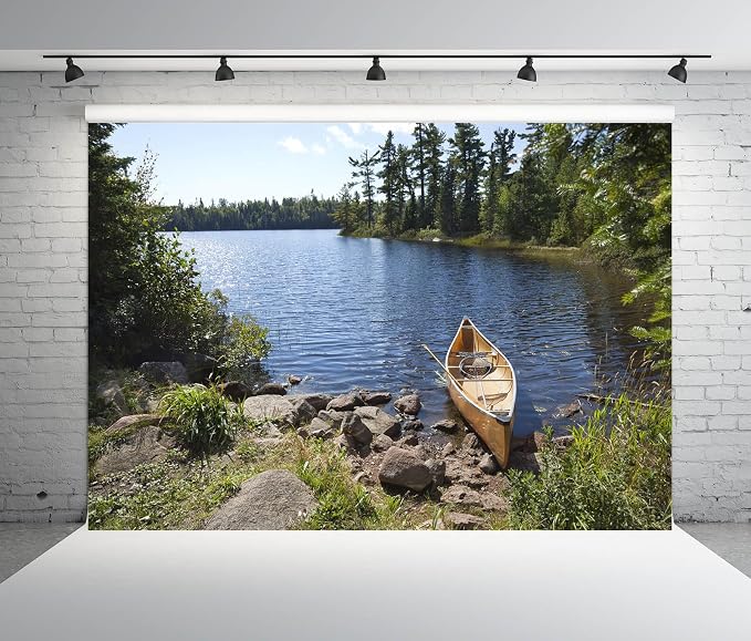 BELECO 9x6ft Fabric Forest Lake Fisherman's Canoe Backdrop for Photography Summer Green Trees River Fishing Background Fishing Theme Party Decorations Studio Booth Photo Props