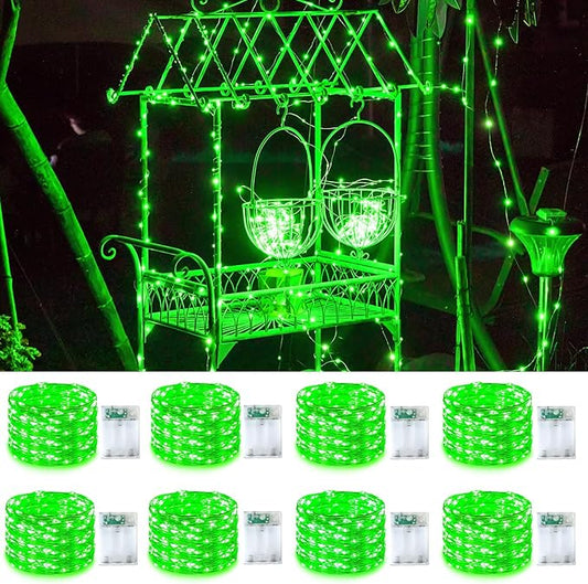 YEGUO Green Fairy Lights Battery Operated, 8 Pack Each 16ft 50 LED Mini String Lights, 2 Modes Silver Wire Christmas Twinkle Light Indoor for Bedroom Wedding Party Holiday Gift