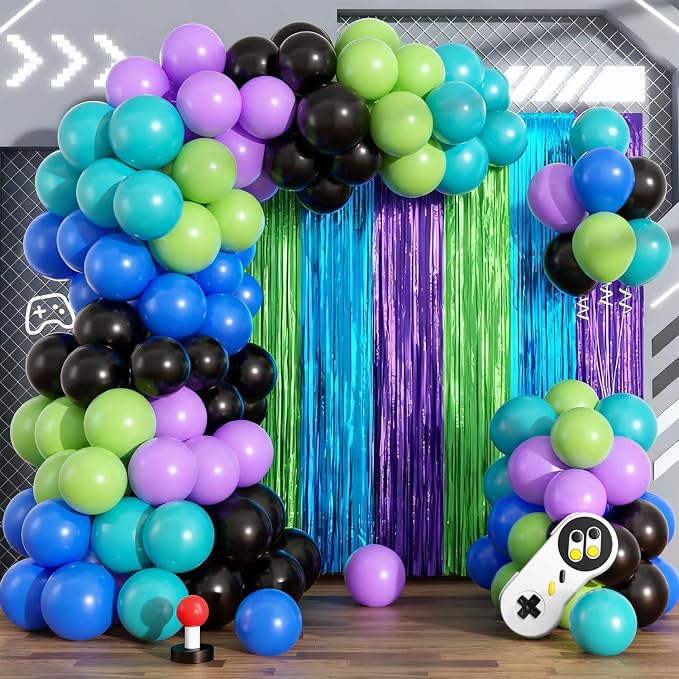 Video Game Balloon Arch Garland Kit Birthday Party Decorations, Purple Blue Green Foil Fringe Curtains Backdrop Tinsel Streamer Photo Booth Props for Gaming Theme Party Decor Supplies Favors
