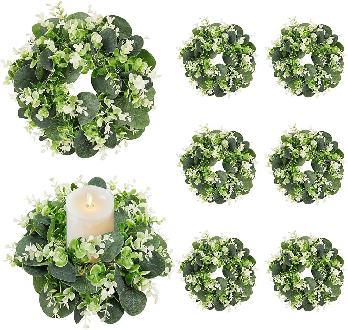 8PCS Artificial Eucalyptus Leaves Small Wreaths Green Candle Rings, Wreaths Spring Summer Greenery Garland Pillar Candle Holder for Home Wedding Party Table Centerpiece Decoration