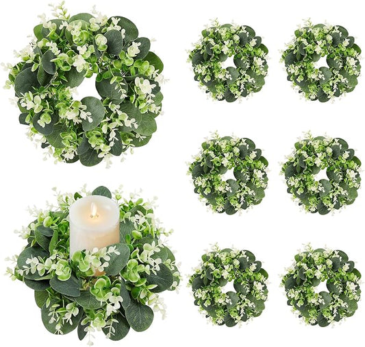 8PCS Artificial Eucalyptus Leaves Small Wreaths Green Candle Rings, Wreaths Spring Summer Greenery Garland Pillar Candle Holder for Home Wedding Party Table Centerpiece Decoration