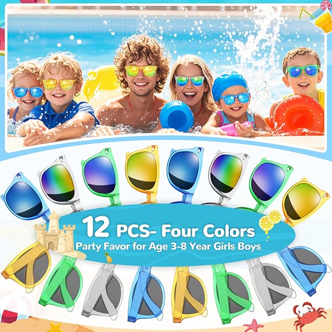Party Favor Sunglasses for Kids - Boys Sunglasses Age 3-8 with UV 400 Protection, Neon Glasses for kids Birthday Parties, Valentines Easter, Summer Beach Pool Party Goodie Bags Stuffers - 12 Packs