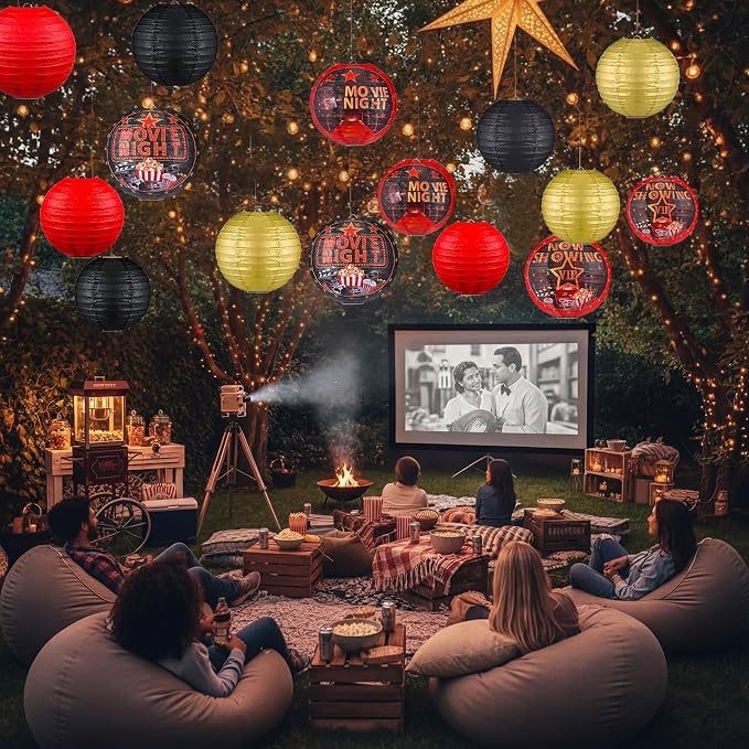 Panelee 12 Pcs Movie Night Party Decorations Theme Hanging Paper Lanterns with Popcorn Trophy Microphone Film Reel Lanterns Decorative for Movie Night Theater Home Carnival Birthday Party