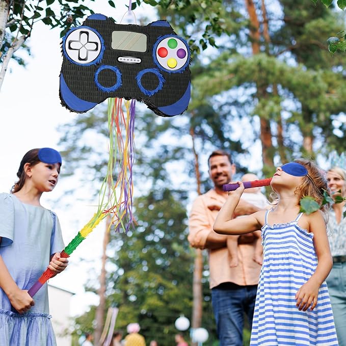 WERNNSAI Video Game Piñata - Game Controller Piñata Bundle with Blindfold and Bat for Boys Kids Piñata Gaming Theme Party Decoration Supplies Pull String Piñata for Birthday Party Celebration Blue