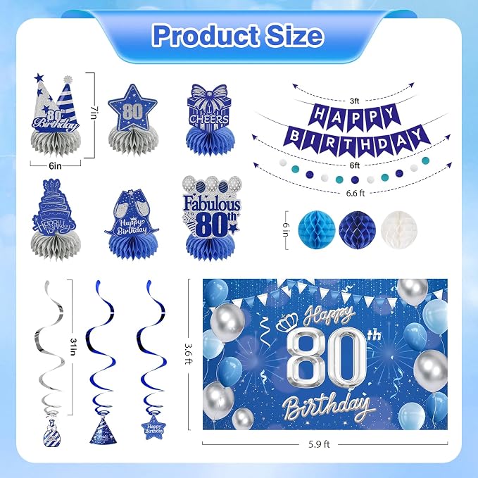 Happy 80th Birthday Party Decoration: Including Birthday Banner Backdrop, Party Table Centerpieces and Hanging Swirl Party Streamers, Birthday Decor for Men and Women (Blue, 80th Birthday)