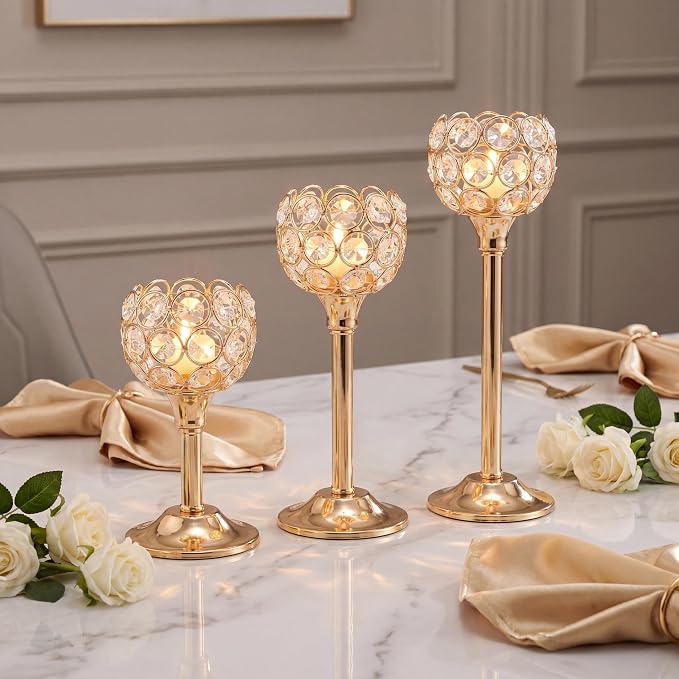 Gold Crystal Tealight Candle Holder Set of 3, Elegant Gold Candles Table Centerpieces, Tall Bling Bowl Candelabra Decor for Wedding, Dining Table, Fireplace Mantel & Party Decoration