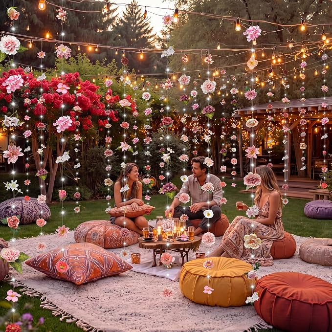 Suncalla 6 Pack 35.4ft Fake Flower Garland Backdrop with LED Lights Hanging Wildflower Floral Vine Decorations for Wedding Bridal Shower Birthday Baby Shower Party Backdrop(Fresh,Pink)