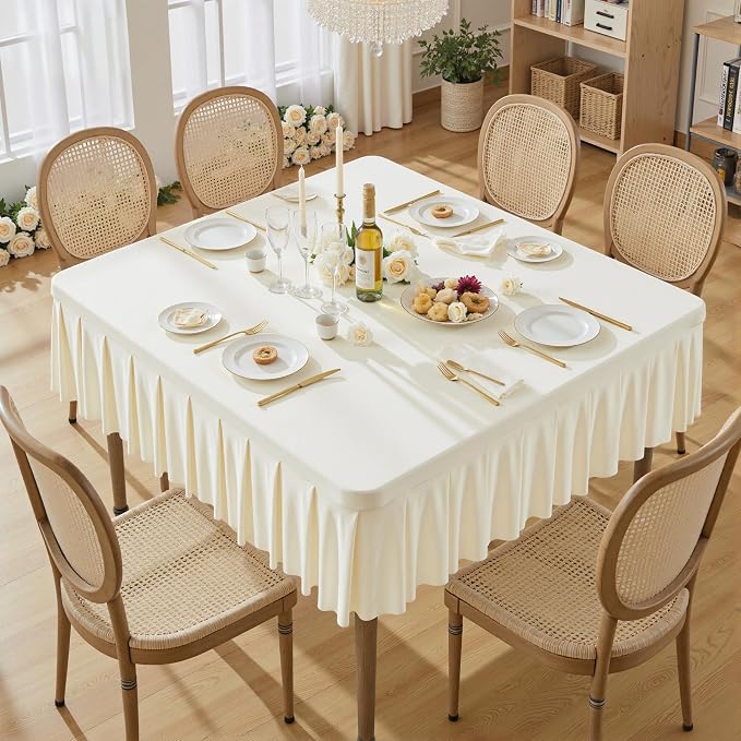 Wish Care Ivory Spandex Tablecloths for 54x54 Inch Square Tables, Stretch Fitted Table Clothes with Pleated Ruffle Skirt for 54” Table, Wrinkle Free and Elastic, for Party Kitchen Home Dining