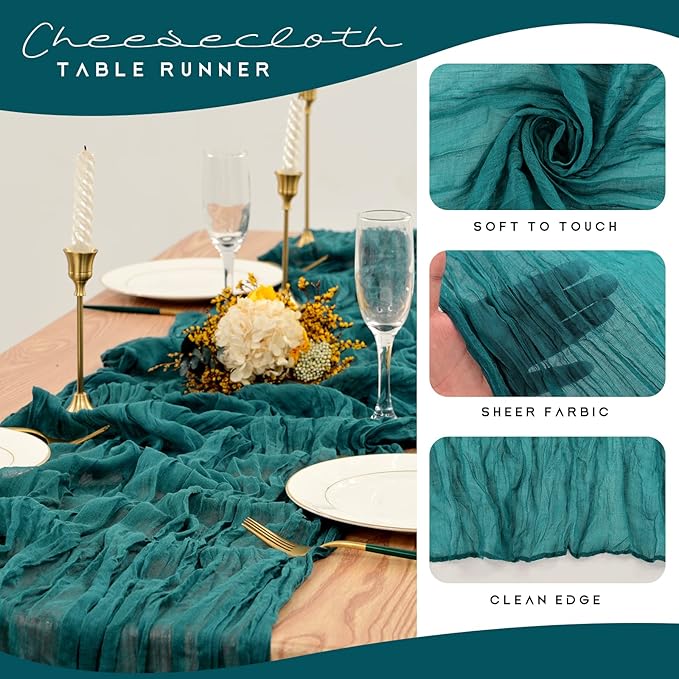 12 Pack Cheesecloth Table Runner 35 x 120 inch Long Boho Cheese Cloth Gauze Table Runners Semi Sheer Table Runner for Wedding Decor, Bridal Shower, Birthday Party (Teal)