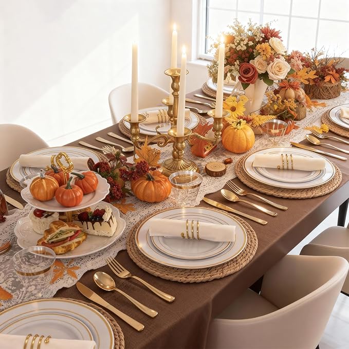 N9R 350PCS Gold Plastic Dinnerware Set for 50 Guests, Include: 50 Dinner Plates, 50 Dessert Plates, 50 Pre Rolled Napkins with Silverware and 50 Cups, White and Gold Disposable Plates for Party