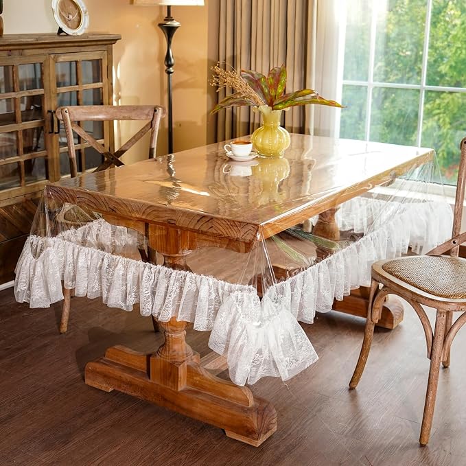 ARTABLE Vinyl PVC Rectangle Tablecloth Waterproof Clear Table Cover with Champagne Lace Macrame Border for Wedding Kitchen Home Outdoor Indoor Holidays Party Decor (Offwhite-1, 52 x 70 Inch)
