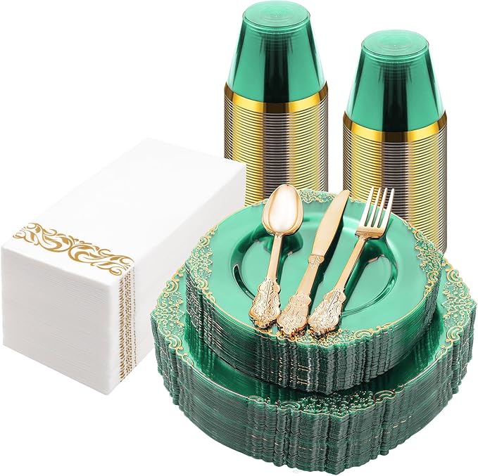 Bestluck 175PCS Clear Green Plastic Plates for 25 Guests, Disposable Plates with Gold Trim include 50 Dinner Plates, 75 Gold Silverware, 25 Cups, 25 Napkins for Party, Wedding and Graduation