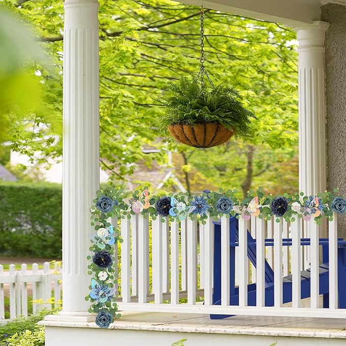 Eucalyptus Garland with Flowers - 4 Pack 5.9 FT Fake Flower Garland with Butterflies Faux Rose Greenery Garlands for Wedding Table Backdrop Arch Centerpieces Decorations - Navy Blue