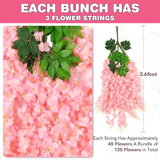 Alotiki 108 Pack Wisteria Hanging Flowers,108 Pack Fake Hanging Flowers,Wisteria Artificiales Garland for Home Wedding Arch Floral Party Garden Ceremony Outdoor Decor,3.6 Feet Long(108,Pink)