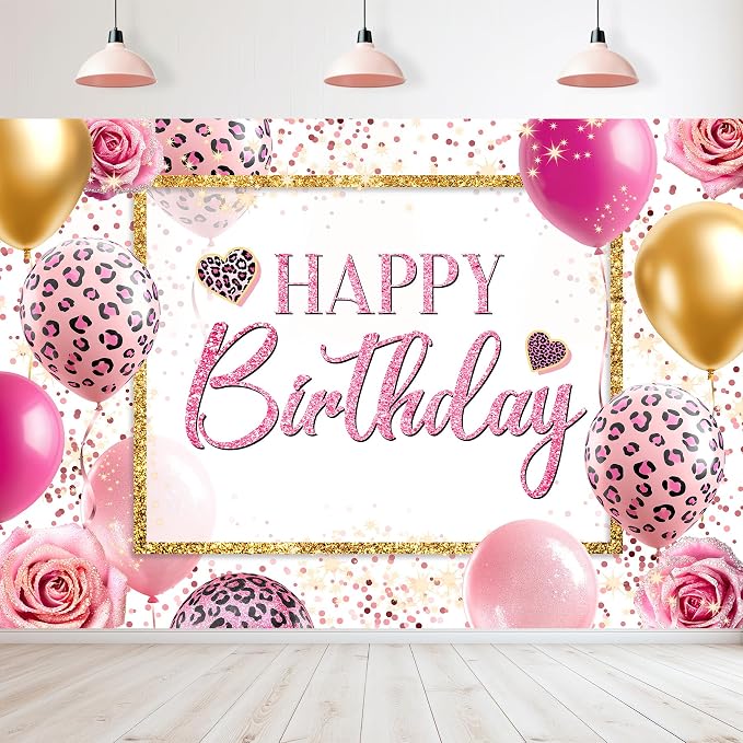 Happy Birthday Backdrop 7Wx5H Feet Polyester Fabric Pink Leopard Balloon Heart Elegant Flower Rose Plant Botanical Decoration Gold Glitter Girly Photography Background Photo Shoot Props