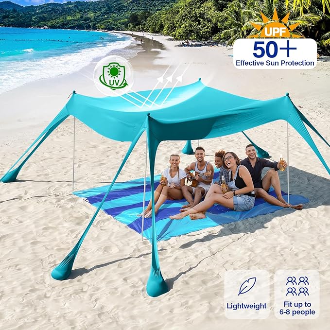 Rhino Valley Beach Tent, 10 x 10 FT Beach Shade UPF50+ Protection, Beach Canopy with 8 Sandbags 4 Stability Poles,Outdoor Beach Tent Sun Shelter Umbrella for Sand,Camping,Fishing Essentials,Mint Green