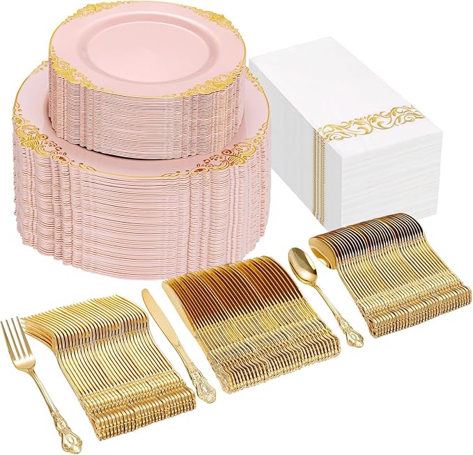 Ciaell 300PCS Pink and Gold Plastic Plates - Pink Disposable Dinnerware Sets for 50 Guests - 100 Plates, 50 Knives, 50 Forks, 50 Spoons, and 50 Napkins for Wedding, Party