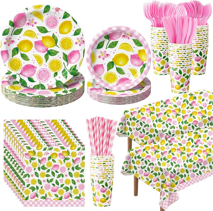 Vesici 452 Pcs Pink Lemon Party Supplies Lemon Party Tableware Set with 9 Inch 7 Inch Plates Napkins Tablecloths 9oz Cups Cutlery Straws for Summer Birthday Baby Shower Bridal Shower, 50 Guests