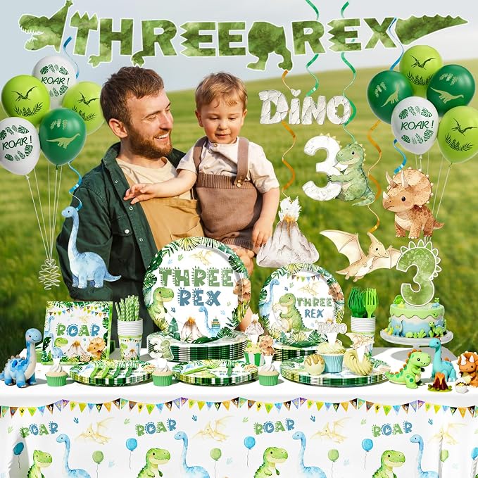 Hombae Three Rex Birthday Decorations Boy, Dinosaur 3rd Birthday Party Supplies with 3 Rex Tableware, Plates, Napkins, Hanging Swirls for Boys 3 Year Old Dino Theme Party, Serves 24