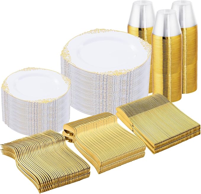 Nervure 600PCS Gold Plastic Dinnerware Set- White and Gold Disposable Plates for 100 Guests - 200 Disposable Plates, 300 Plastic Silverware, 100 Cups Perfect for Wedding & Party