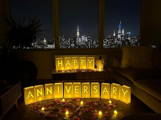 WYMM Happy Anniversary Decorations Light up Letters with 30 Tea Lights Candles and 2000 Rose Petals Included - Luminary Paper Bags to be Used as Happy Anniversary Banner and Anniversary Decorations