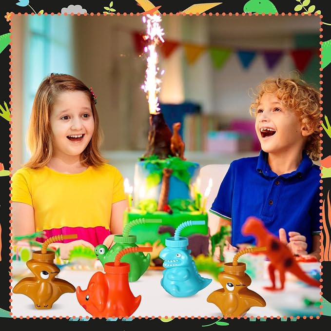 Maxcheck 24 Pieces Dinosaur Cups with Straws and Lids 10oz Dinosaur Party Favor Cups Bulk Plastic Dino Theme Party Supplies Reusable for Dino Birthday Decorations Safari Jungle