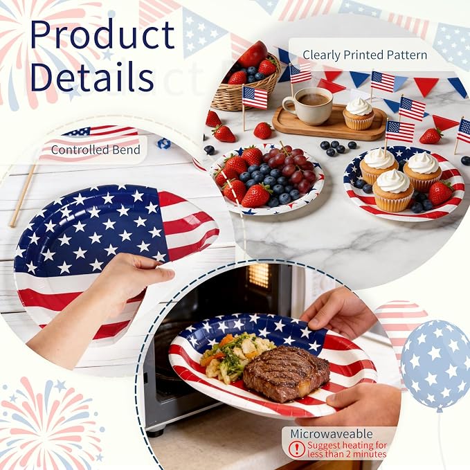 Patriotic Party Decoration Plates Set, 100Pcs 4th of July American Flag Red White Blue Disposable Paper Plates and Napkins Heavy Duty for Independence Day, Veterans Day, Election Day Party Supplies