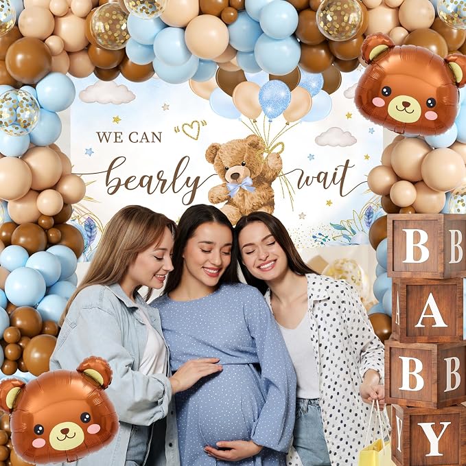 Blue Bear Baby Shower Decorations for Boy, 124pcs Bear Party Decorations with Blue and Brown Balloon Arch Kit, Backdrop, Wood Grain Baby Boxes for Boy Baby Shower Decor