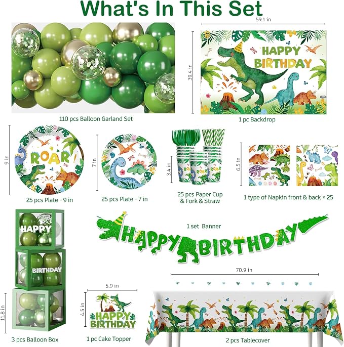268Pcs Dinosaur Birthday Party Decorations, All-in-One Dinosaur Party Decorations Set for 25 Guests with Balloon Garland Arch, Plates, Tablecloth, Cake Topper, Backdrop, Napkins, Glitter Banner