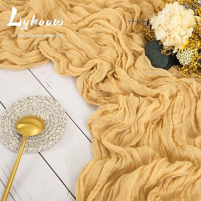 10 Packs Cheesecloth Table Runner Gold, 10Ft x 35" Sand Gauze Boho Wedding Table Runner Decoration, Wedding Table Decor Table Cloth for Wedding Party Bridal Shower Table