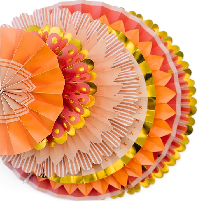 PapaKit 8-Piece Origami Paper Fan Set - Orange & Gold Metallic Hanging Pinwheels – Reusable Wall Backdrop for Birthday, Wedding, Bridal Shower, Baby Shower, & Boho Party Decorations