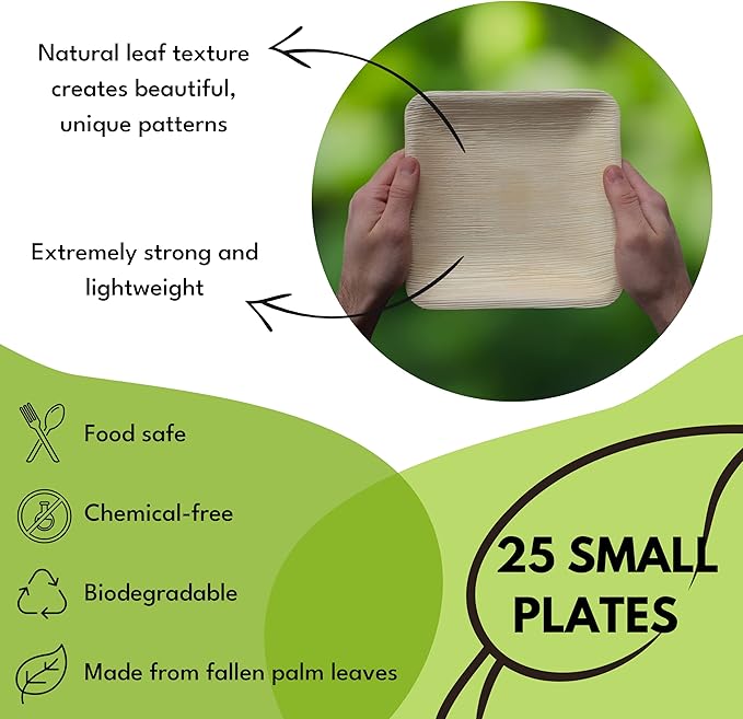 Palm Leaf Plates 10 Inch & 7 Inch Square Bamboo Plates [50-Pack] - Biodegradable and Compostable for Appetizer and Dinner - Disposable Wood Dinnerware Set - Party Pack