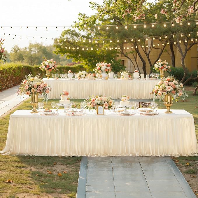 Champagne Tablecloth for 8 Foot Rectangle Tables, Ruffle Tulle Table Skirt for Rectangle Table 8ft Tables Cover Fitted Banquet Birthday Party Wedding Tablecloth Elastic Stretch