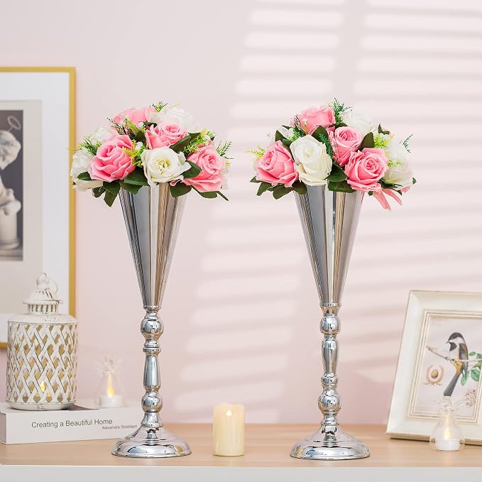 Sliver Vase Centerpiece Table Decorations - 10 Pcs Metal Tabletop Flower Stand, Wedding Decorations for Reception, 16.5in Trumpet Tall Flower Vase for Birthday, Weddings, Anniversary, Home Decor