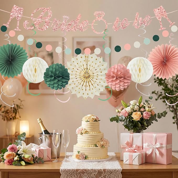 Pink Sage Green Bridal Shower Decorations, Bride to be Banner with Honeycomb Balls, Paper Flowers, Lanterns, Fans, Circle Garland for Wedding Shower, Bachelorette Party Decor 19pcs