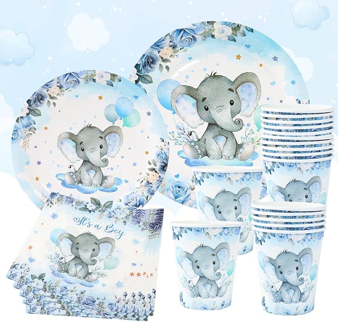 Boy Elephant Baby Shower Decorations Plates - Blue Elephant Plates Disposable Cups,Napkin with Blue flowers for 24 Elephant Theme Party Supplies,Baby Shower Wedding Birthday Party