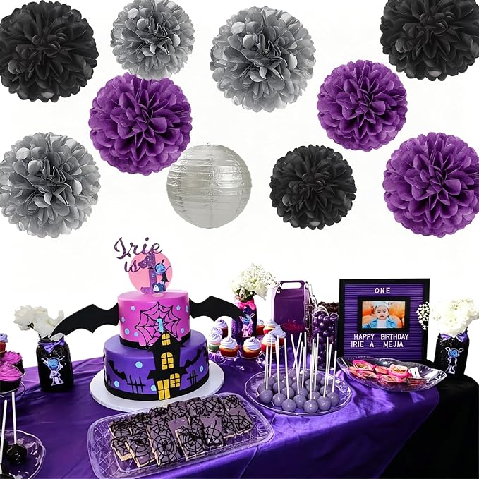 Purple-Black Silver Party-Decorations Paper-Flowers Lanterns - 15pc Lavender Birthday Graduation Tissue Pom Poms Streamers,Bachelorette Bridal Baby Shower Engagement Wedding Halloween Decor Panduola