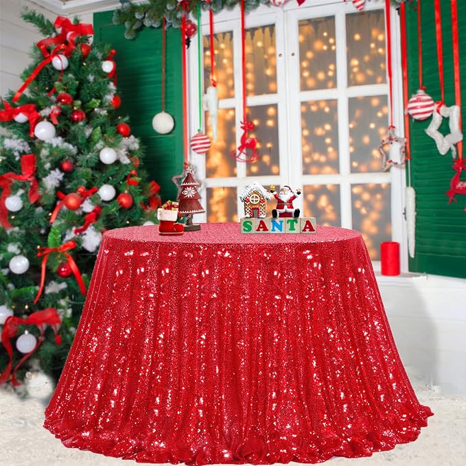 B-COOL Red Sequin Tablecloth Round Table Decor - 120 Inch Sequence Fabric Decoration for Grilling Themed Party Buffet Baby Shower Christmas