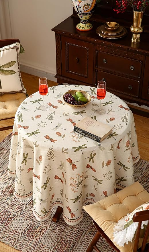 ISAENNE Designer Round Elegant Linen Tablecloth,Diameter 67"-Grace B | Vintage French Printed Table Cloth Round Table,Dragonfly Pattern,Durable,Heavyweight,Dining Room,Kitchen,Thanksgiving