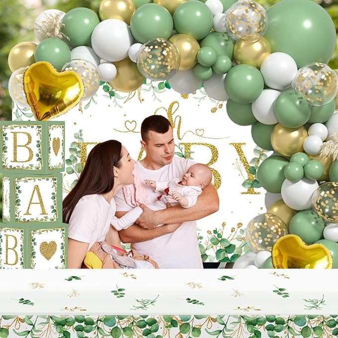 Sage Green Baby Shower Decorations for Boy Girl 106pcs Greenery Balloon Arch Kit, Baby Box,Tablecloth and Backdrop for Boho Woodland Jungle Theme Baby Shower Decor Neutral Party Supplies