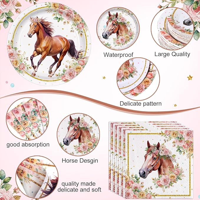 Potchen 452 Pcs Party Supplies Serve 50 Guests, Paper Plates Napkins Cups Cutlery Plastic Tablecloth Dinnerware for Birthday Wedding Party Decoration (Pink Floral, Horse)
