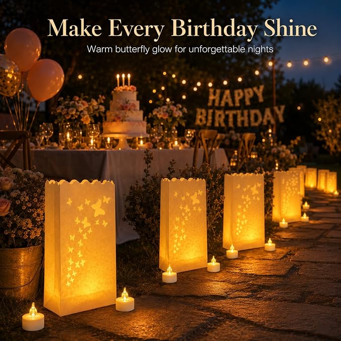 AceList 50 Butterfly Luminary Bags with 50 Flameless LED Tea Lights | Butterfly cutout, warm flickering amber light, reusable & flame-free, for weddings, garden parties, walkways & outdoor decor