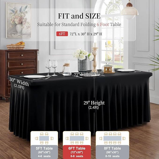 leegleri 8 Pack Black Spandex Table Cloths for 6 Foot Rectangle Tables, Wrinkle Free Stretch Fitted Tablecloths 6ft, Black Banquet Tablecloth with Skirt for Parties Weddings Birthday