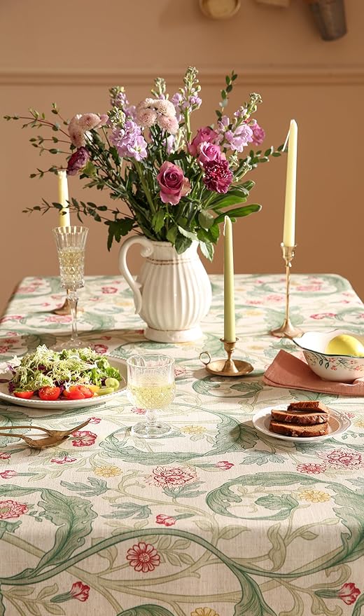 patdrea Vintage French Linen Tablecloth,Rectangular,87"x55"-Cecilia A | Colorful Elegant Table Cloth for Rectangle Table,Floral Vine Patterned,for Dining Room Tea Party Thanksgiving
