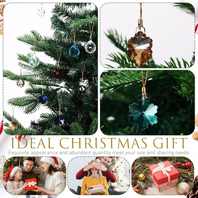 XunYee 36 Pcs Crystal Glass Christmas Balls Ornaments, 1.18" Mini Hanging Crystal Prism Xmas Tree Decorations Pendants for Home Wedding Birthday Party Holiday Decorations(Multi Color,Mixed Styles)
